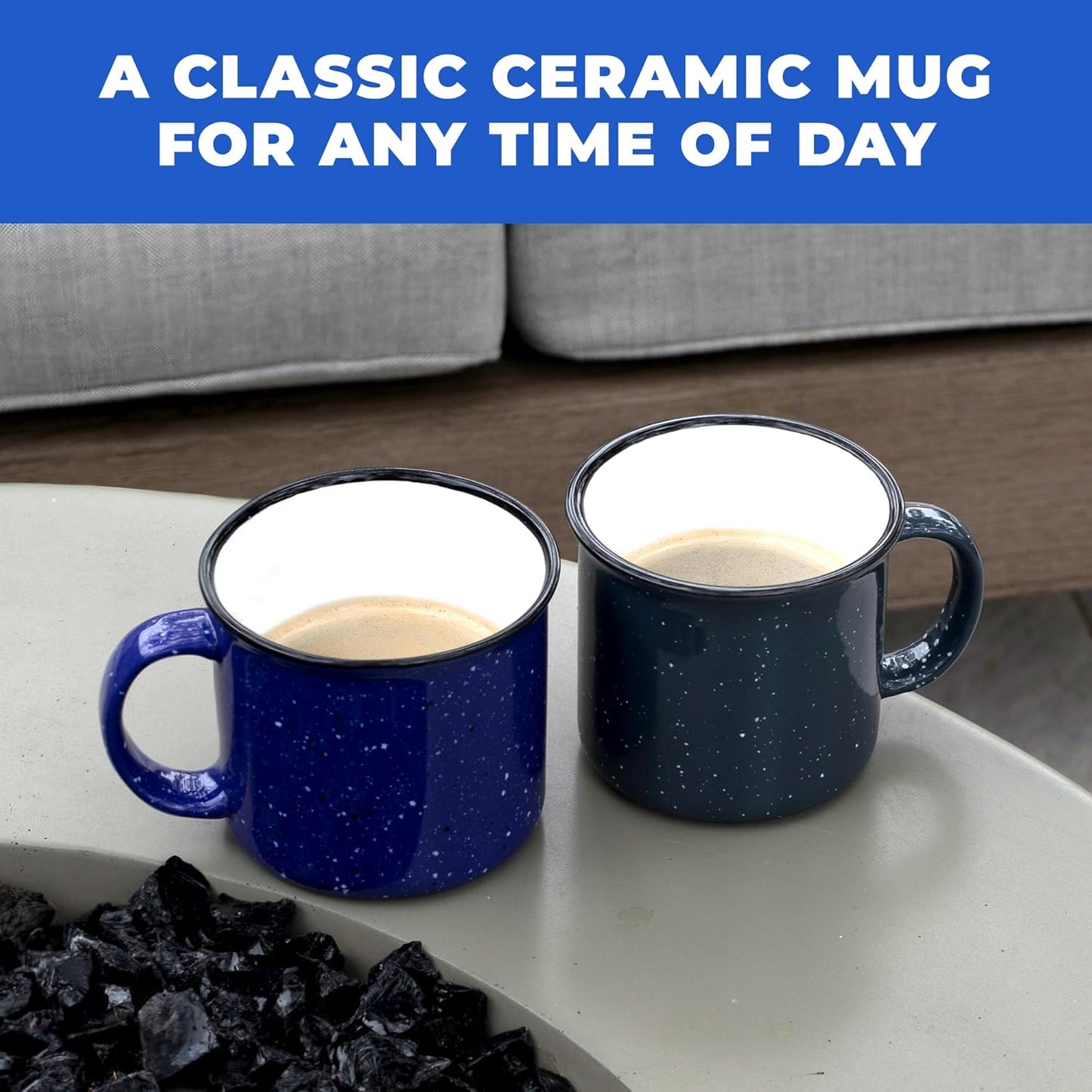 Set of 8 Ceramic Campfire Mugs – 15 Oz, Cobalt Blue – Coffee & Tea Cups for Home, Work, Travel, Camping – Customizable, Great for DIY, Events, Companies