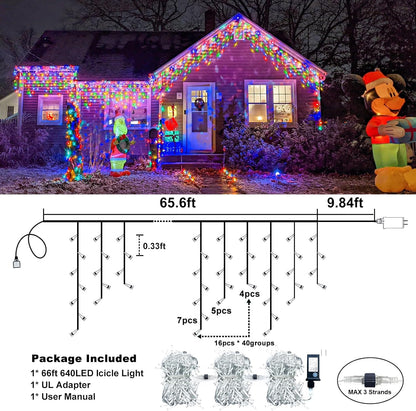 Icicle Christmas Lights Outdoor, 66FT 640 LED Icicle Lights for Outside with 8 Modes Timers, Waterproof Plug in Connectable String Light for Indoor Home Fence Yard Party Decorations, Multicolor