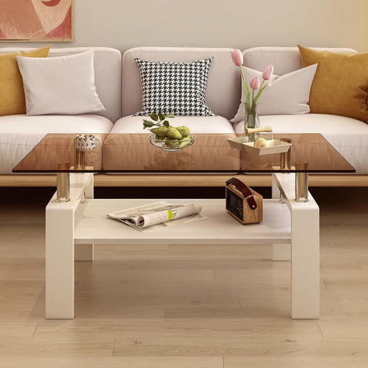 Glass Coffee Table Rectangle Living Room Center Table, with Brown Tempered Glass Tabletop and White MDF Layer,for Living Room and Office, Brown+White