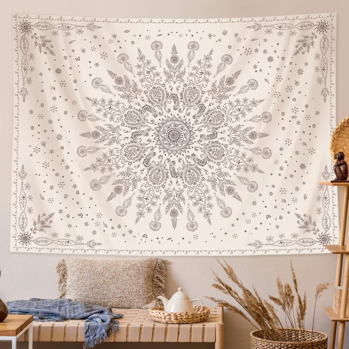 Lunerfex Boho Floral Tapestry Mandala Wall Tapestry, Cute Tapestries for Bedroom Beige Flower Tapestries Wall Hanging for Bedroom Living Room Decor Beige-1 70"x90"