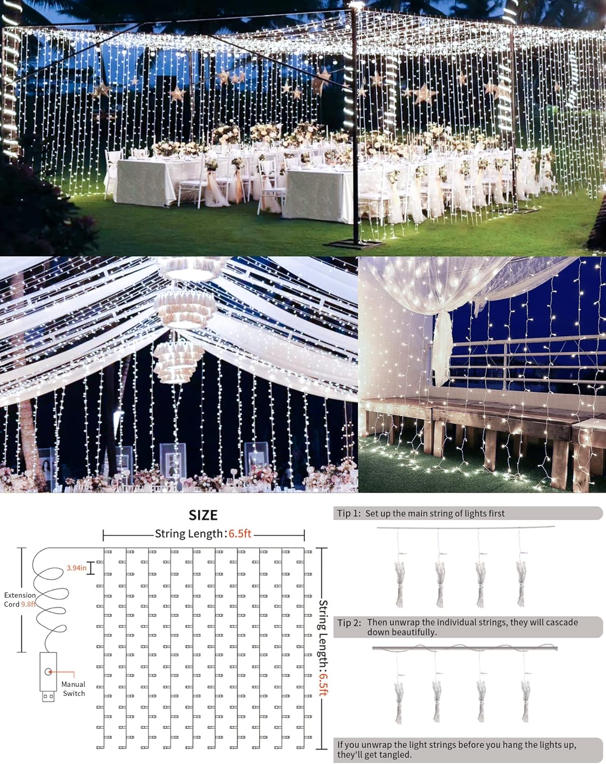 suddus White Curtain Lights for Bedroom Wall, 200 Led Twinkle Lights with Remote 8 Modes Timer, USB Plug-in String Lights for Wedding, Party, Backdrop, Birthday, Window Decorations, (6.5ft*6.5ft)