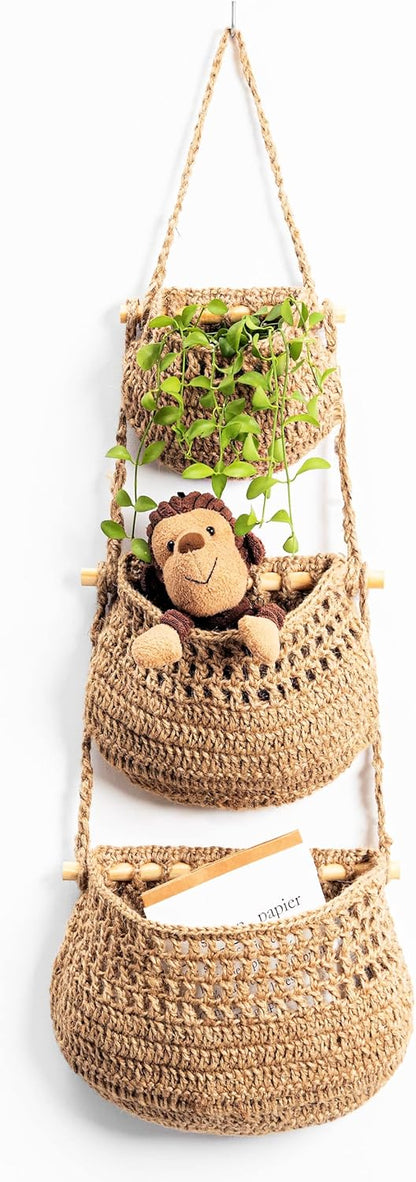 Hanging Fruit Basket, 3 Tier Woven Jute Wall Hanging Basket for Organizing, Hanging Produce Basket for Fruit & Vegetable Storage, Boho Kitchen Decor, Wall Basket Storage for Kitchen, Bedroom, Bathroom