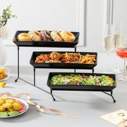 MALACASA 3 Tier Serving Trays for Party, Stoneware Serving Platters and Trays, 12 Inch Tiered Tray Stand, Fruit Tray, Trays for Serving Food, Black Dessert Stand with Collapsible Sturdier Metal Rack