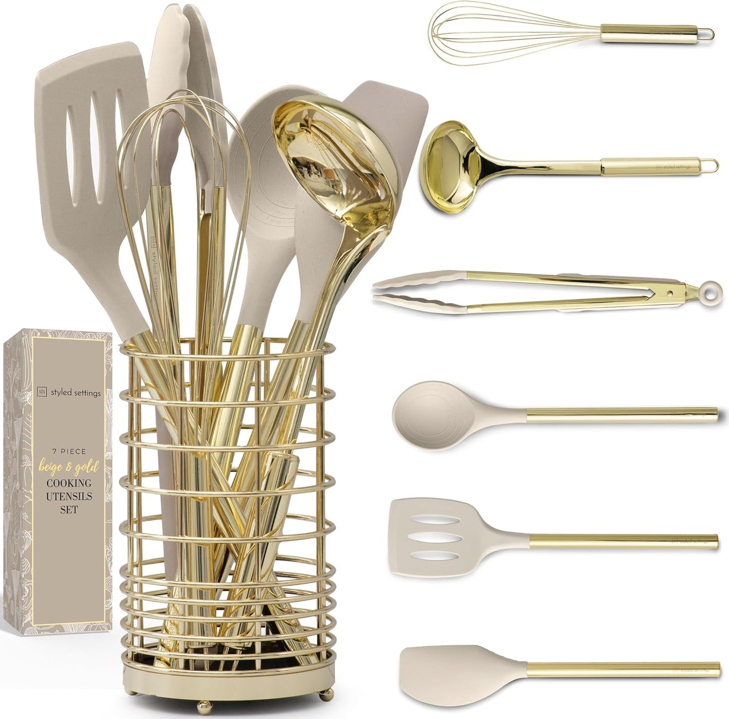 7-Piece Beige & Gold Kitchen Utensils Set – Non-Toxic Silicone & Stainless Steel Tools for Cooking, Serving, & Hosting – Ideal for Nonstick Cookware & Modern Kitchens, with Gold Utensil Holder