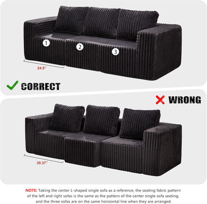 Modular Sectional Sofa 3-Seater Modular Couch with Deep Seat Memory Foam Cloud Chair with Pillows Oversized Sectional Sofa for Living Room Bedroom (Strip Grey, 3-Seater)