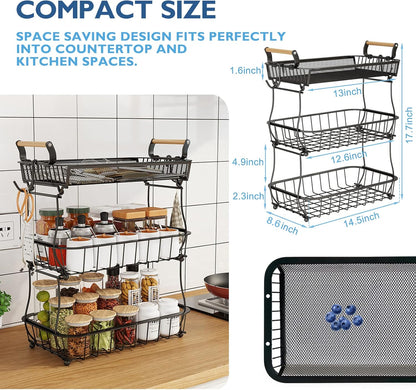 ANTOPY 3 Tier Fruit Basket with 2 Banana Hangers, Countertop Fruit Vegetable Basket Bowl for Kitchen Counter Metal Mesh Basket Fruits Stand Produce Holder Organizer for Onion Potato Bread Snack Veggie