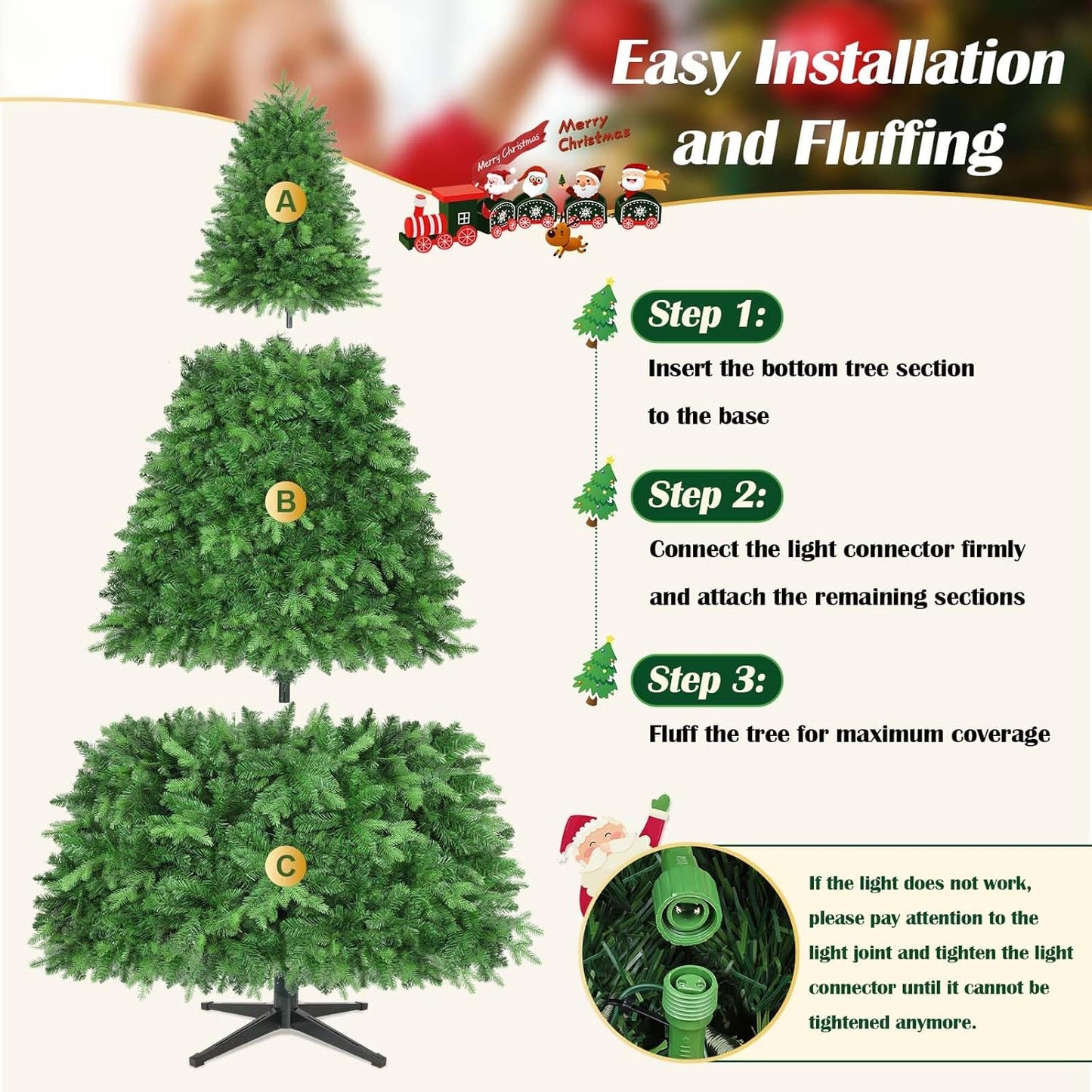 7.5FT Pre-Lit Christmas Tree with Remote Control, Multi-Color LED Lights, Musical Rotating Christmas Tree Stand, Easy Assembly in 3 Sections, Foldable Metal Stand for Home Holiday Decor