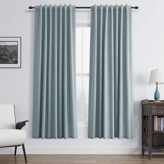 BOODII Linen Blackout Curtains for Bedroom 72 Inch Length 2 Panels Set Room Darkening Curtains Stone Blue Black Out Curtain Neutral Thermal Insulated Living Room Nursery Drapes Back Tab 52x72