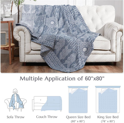 JINCHAN Boho 100% Cotton Muslin Blanket 3-Layer Twin Size Geometric Lightweight Reversible Soft Cozy Throw for Couch Sofa Bed All Season Coverlet Ideal Gift Bedroom Living Room Decor Blue 60x80 Inches