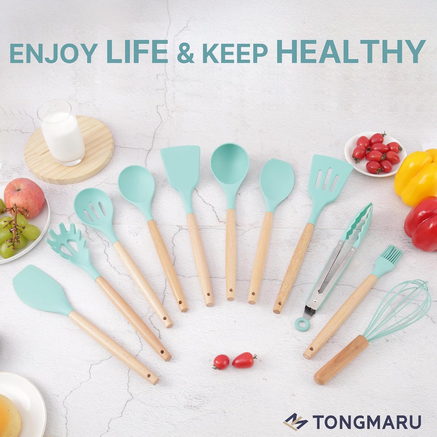 Silicone Cooking Utensils Set, Premium Beech Wood Handle Kitchen Gadgets Utensil Set, Non-Stick Kitchen Utensils Spatula, Tongs, Turner, Whisk, Brush, Spoon, BPA FREE, 446°F Resistant (Mint)