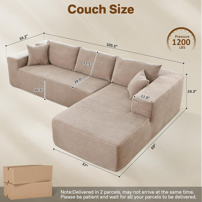 104" Cloud Sectional Couches for Living Room,L Shaped Boneless Couch in A Box,Sleeper Sofa with Comfy Chaise No Assembly Required,Camel