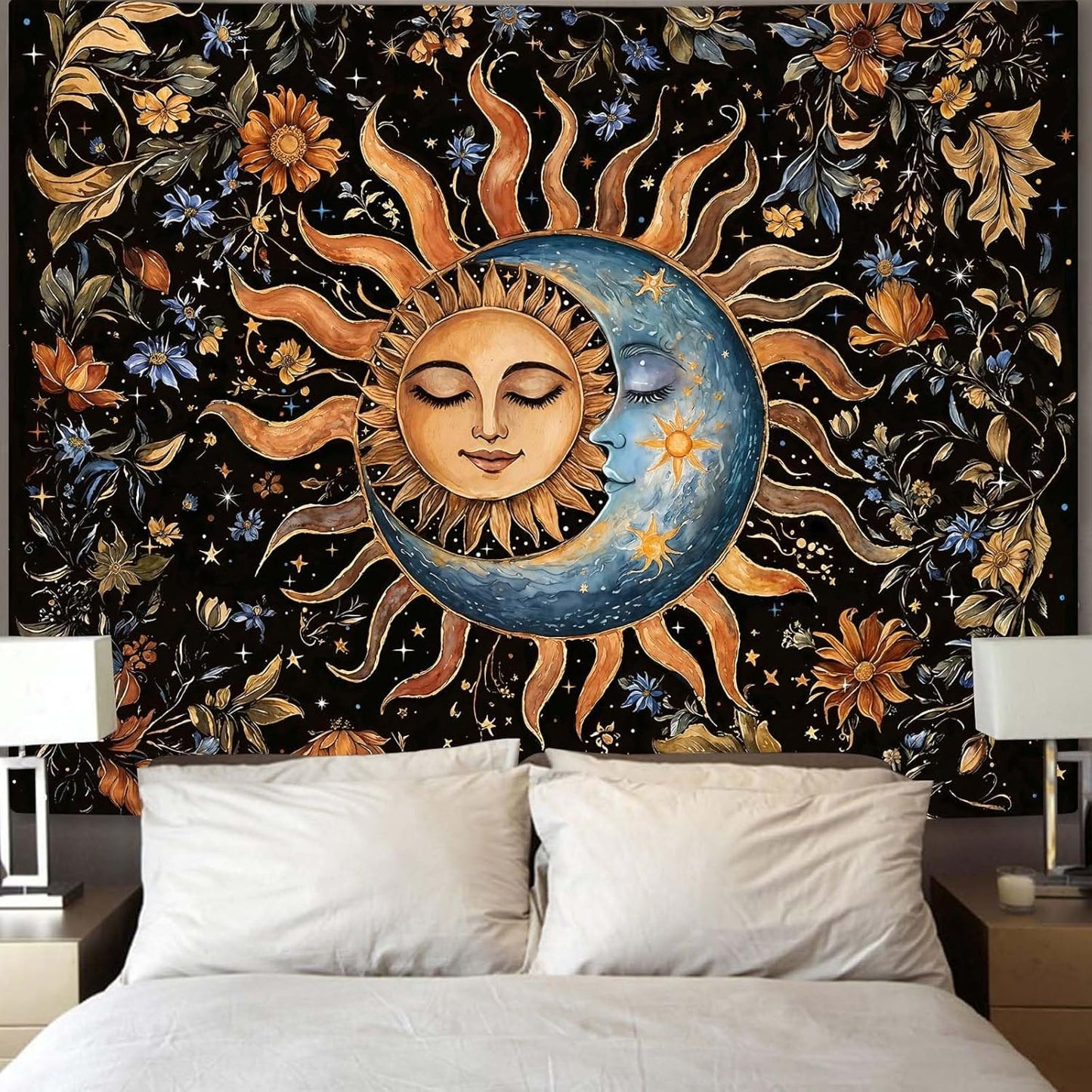 Aipon Sun and Moon Tapestry for Bedroom Boho Vintage Floral Hippie Wall Tapestry Aesthetic Retro Flower Plant Large Tapestries Wall Hanging for Living Room Dorm Decor 90 x 68 Inch