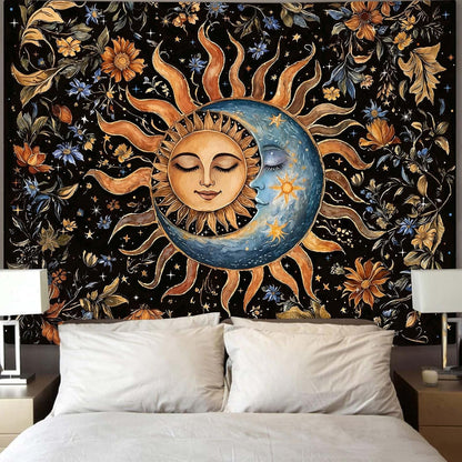 Aipon Sun and Moon Tapestry for Bedroom Boho Vintage Floral Hippie Wall Tapestry Aesthetic Retro Flower Plant Large Tapestries Wall Hanging for Living Room Dorm Decor 90 x 68 Inch