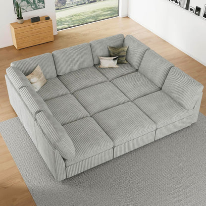 Belffin Modular Sectional Sofa with Sleeper Sofa, Oversized Cloud Couch with Extra Deep Seat, Upholstered 9 Seat Sectional Couches for Living Room, Plush Corduroy Light Grey