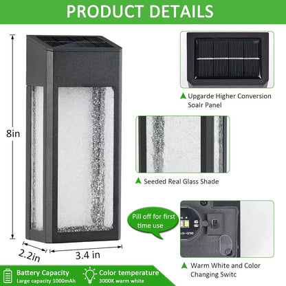 Solar Outdoor Lights, Metal Seeded Glass Fence Lights, Auto On/Off Waterproof Wall Lights,Warm/Color Changing Light Solar Lights for Wall Fence Patio Yard Porch Garden Decor,4 Pack