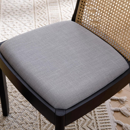 Mid Century Dining Chairs Set of 6, Accent Rattan Side Chairs Linen Fabric Kitchen Chair with Solid Wooden Legs for Living Room Dining Room, Grey