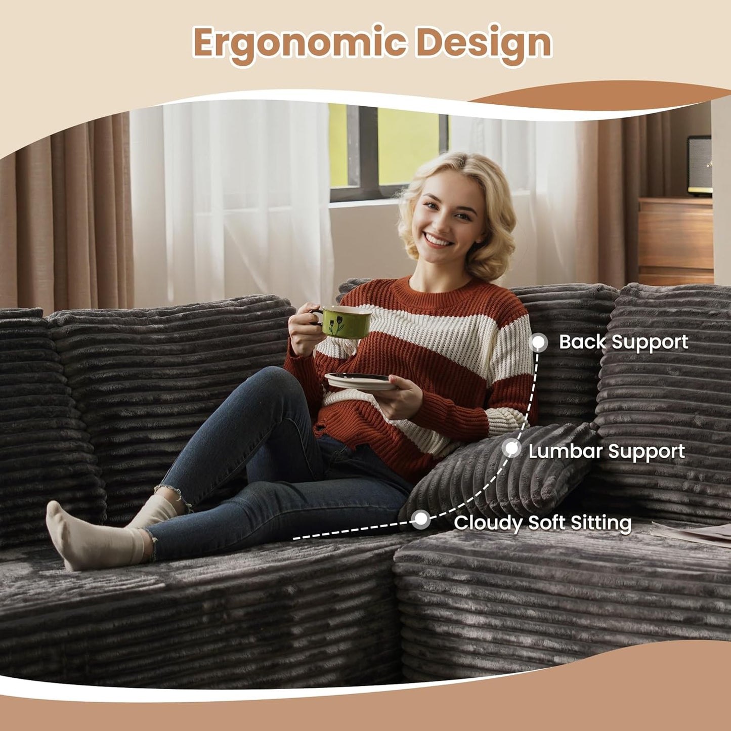 HOOOWOOO Cloud Sectional Couches for Living Room,Modular Sectional Sofa No Assembly,165X110 Inch Plush Corduroy Large U Shaped Floor Couch Set with Deep Seat Chaise Lounge(Gray)