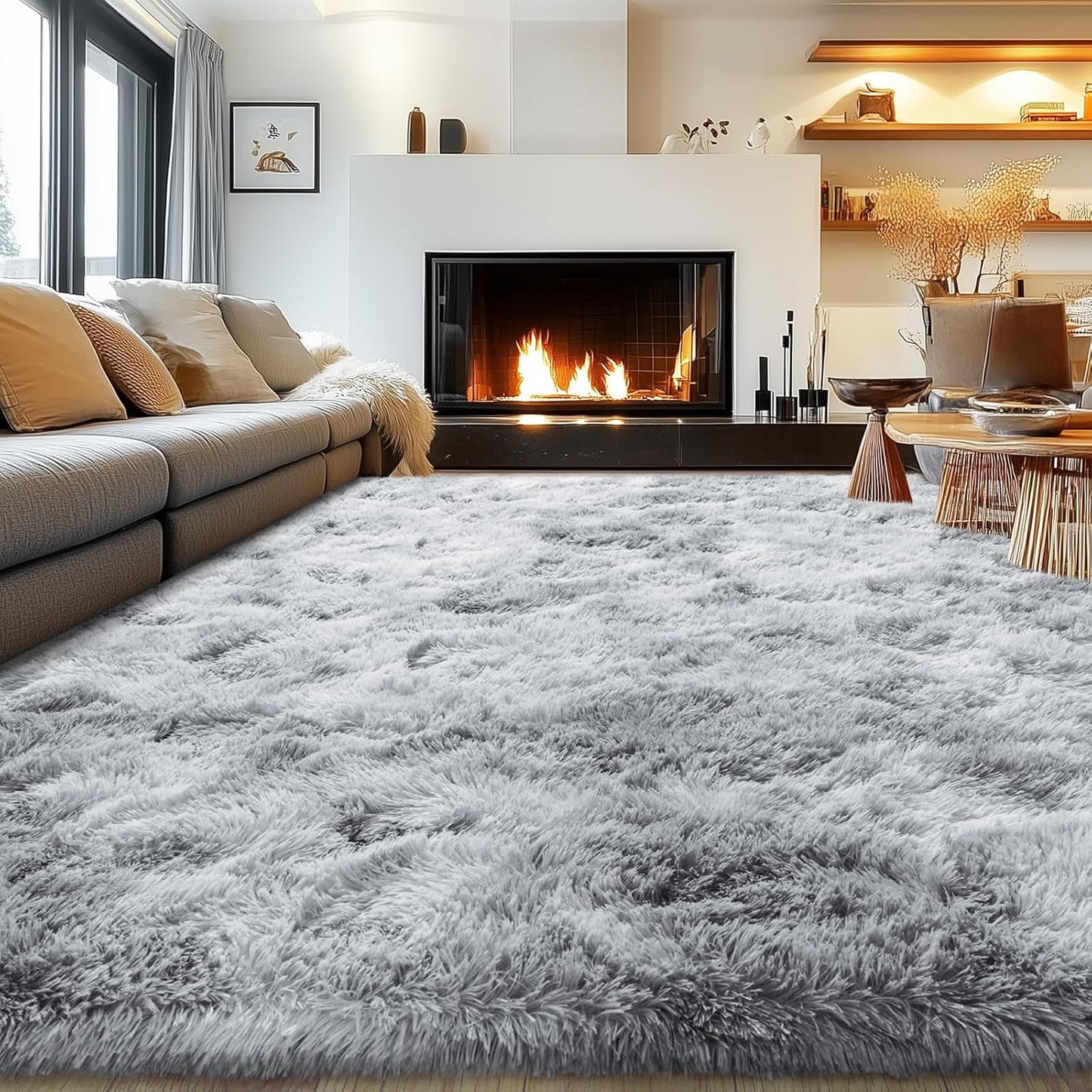 Rezutan Area Rugs 9x12 Living Room, Large Fluffy Rugs for Bedroom, Soft Carpet Shag Kids Room Rug,Fuzzy Rugs Indoor W/Non-Slip Bottom (Grey Tie-Dyed)