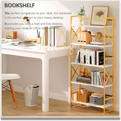 4NM 5 Tiers No Assembly Book Shelves, 51.2" H Folding Bookshelf Bookcase Open Industrial Foldable Shelves for Bedroom, Living Room, Home Office - White Gold