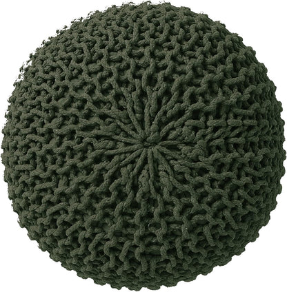 REDEARTH Round Hand Knitted Pouf - Foot Stool Bean Bag Ottoman - Cord Boho Pouffe - Poof Accent Beanbag Footrest for Living Room - Bedroom - Patio - Lounge (19.5"x19.5"x14") - Olive