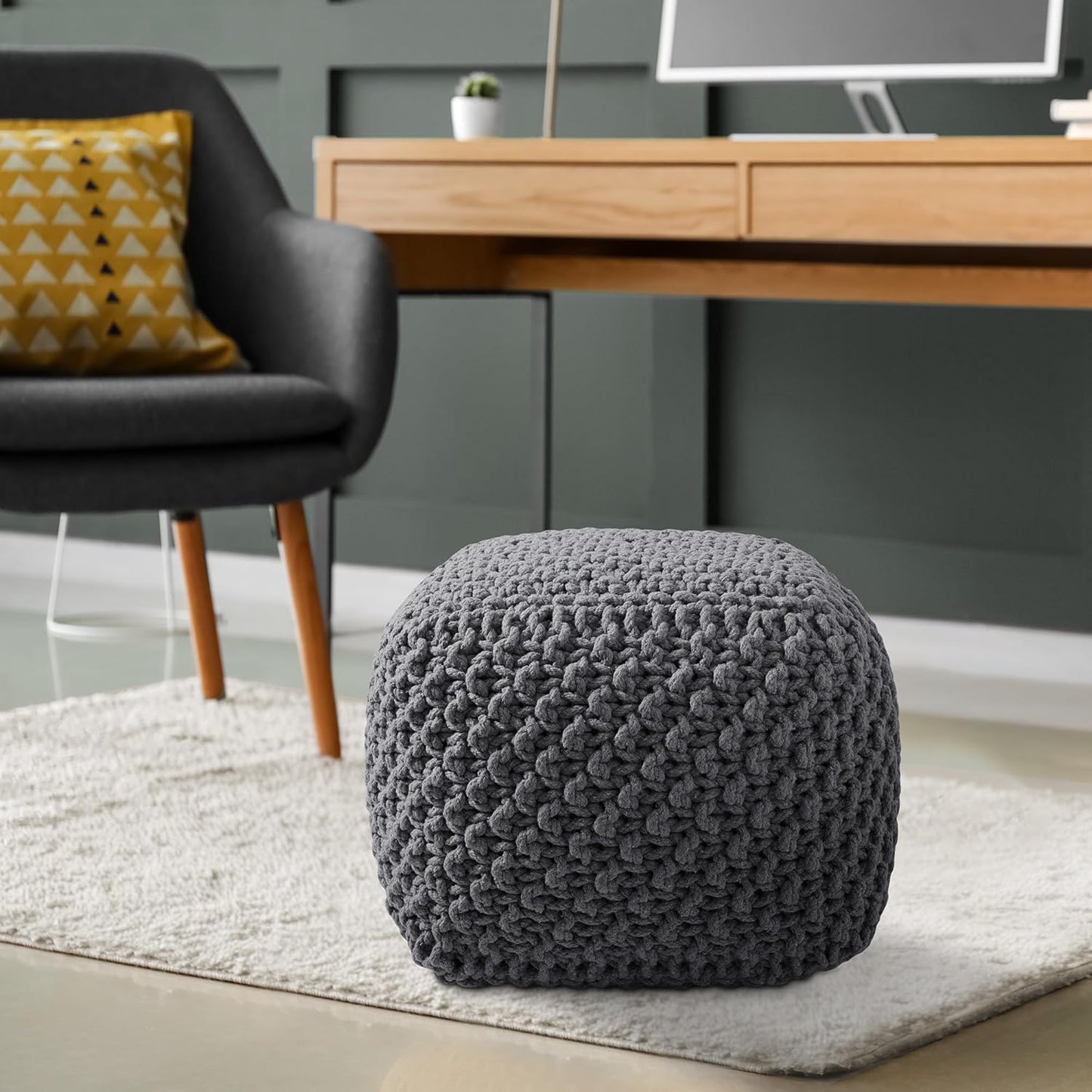 Casafield Square Pouf Ottoman, Dark Gray 18.5" W x 18.5" D x 14.5" H Cotton Knit Foot Stool - Boho Floor Pouffe for Living Room, Bedroom, Home Office