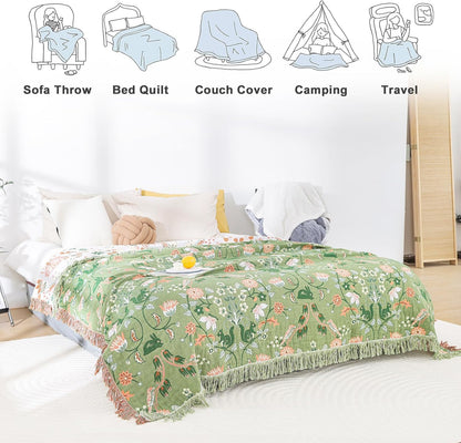 MSGKV Cotton Bed Blanket for Couch and Sofa Blankets for Living Room Bedroom Reversable Florals and Animals Throw 90"x98" Breathable Cozy Boho Blankets