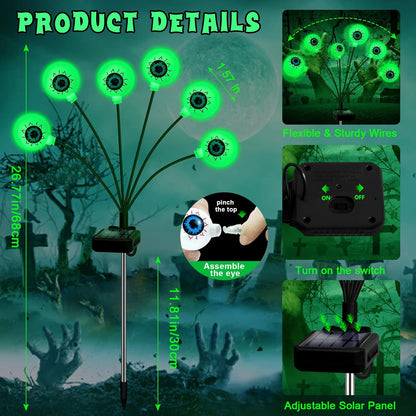 Solar Halloween Decorations, 4 Pack 24 LED Spooky Eyeball Lights, Outdoor Waterproof Solar Green Firefly Lights for Garden Yard Patio Pathway Lawn Halloween Party