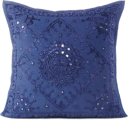 Eyes of India Embroidered Decorative Boho Throw Pillow Cover with Mirrors, Handmade Bohemian Accent Cushion Case for Sofa Couch Bedroom Living Room (Blue, 24" x 24")