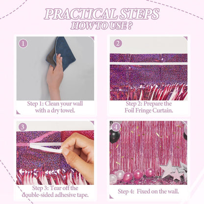 3 Pack Foil Fringe Backdrop - Laser Pink Shiny Tinsel Curtains for Party Decoration/Photo Booth Props - 3.3x8.2 FT Metallic Foil Backdrop for Birthday, Wedding, Graduation, Christmas.