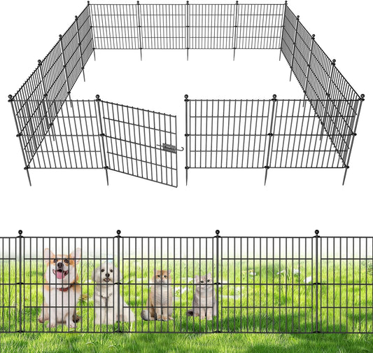 10 Panels No Dig Decorative Outdoor Garden Fence with Gate for Yard, 24 in(H) X 20 ft(L) Animal Barrier Fencing Rustproof Metal Wire Panel Border for Dog, Rabbits, and Patio Temporary Ground Stakes
