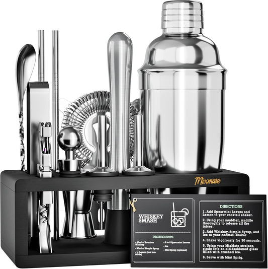 Mixology Bartender Kit with Stand - 15 Piece Bar Tool Set, Silver Bar Set Cocktail Shaker Set for Drink Mixing - Includes Martini Shaker, Jigger, Strainer, Bar Mixer Spoon, Tongs, Opener | Gift Idea
