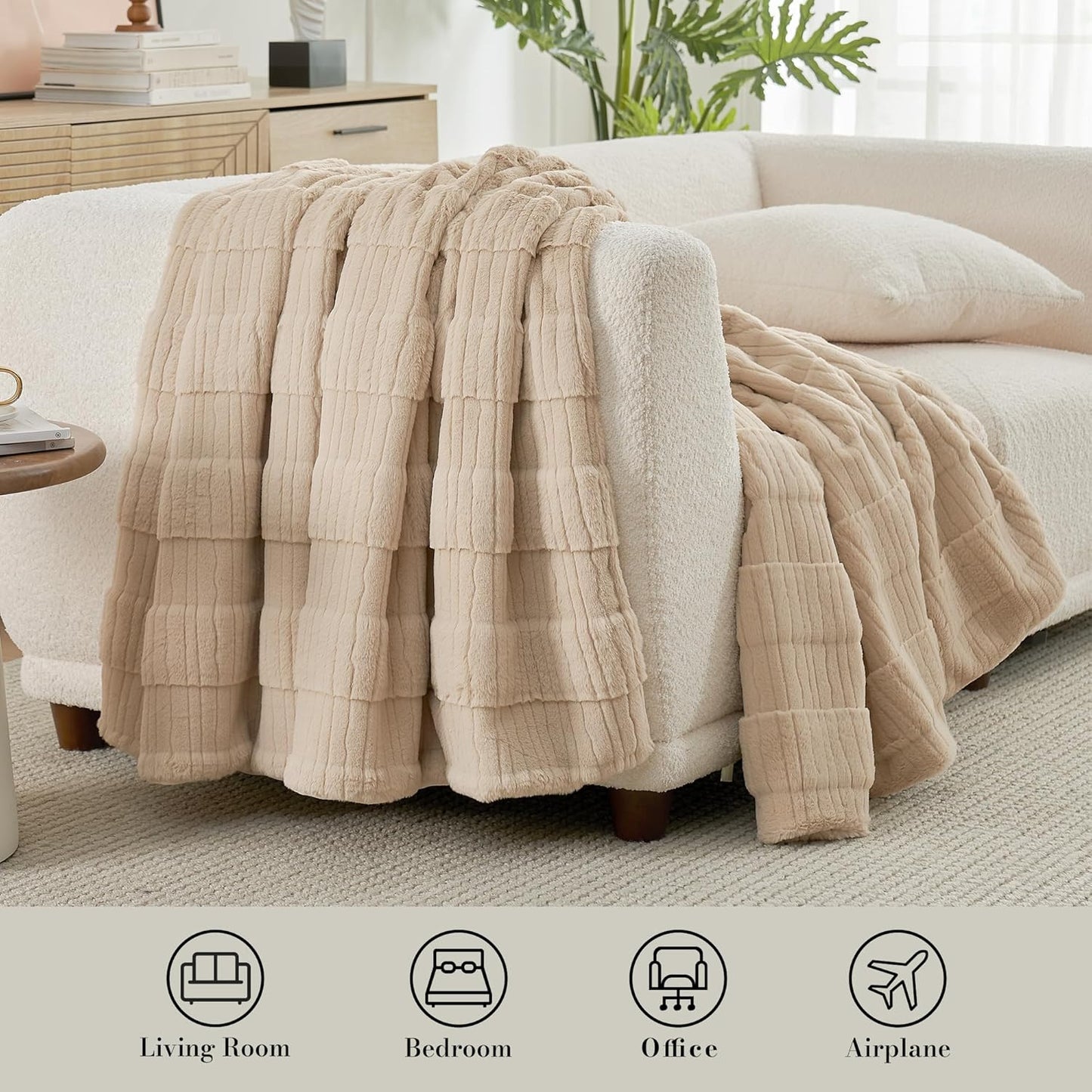 Amélie Home Luxury Striped Faux Fur Throw Blanket for Couch, Embossed Split Fur Cozy Fuzzy Fluffy Luxurious Soft Plush Sofa Chair Bed Gift Blankets for Women Men Wife Friend, 60"x80", Beige