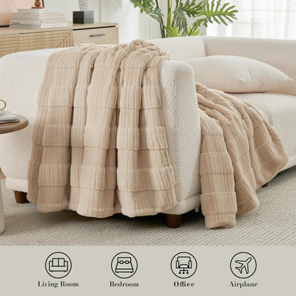 Amélie Home Luxury Striped Faux Fur Throw Blanket for Couch, Embossed Split Fur Cozy Fuzzy Fluffy Luxurious Soft Plush Sofa Chair Bed Gift Blankets for Women Men Wife Friend, 88"x90", Beige