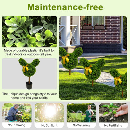 2 Pcs Artificial Bunny Shaped Topiary Trees, Artificial Green Boxwood Bunny Decorations with Gold Bow, Perfect for Indoor & Outdoor Front Porch, Easter& Garden Decor (Bunny Shaped Topiary Tree)