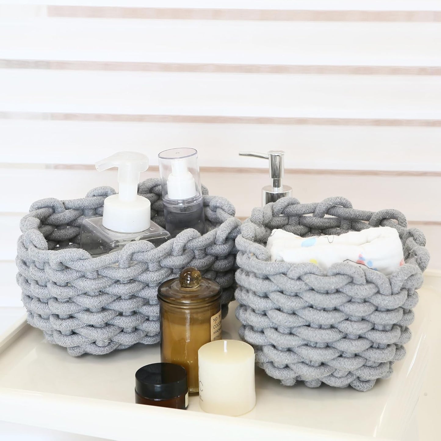 Sea Team 3-Pack Rectangle Woven Cotton Rope Storage Baskets with Handles, Shelf Basket, Closet Organizers, 3-in-1, Gray