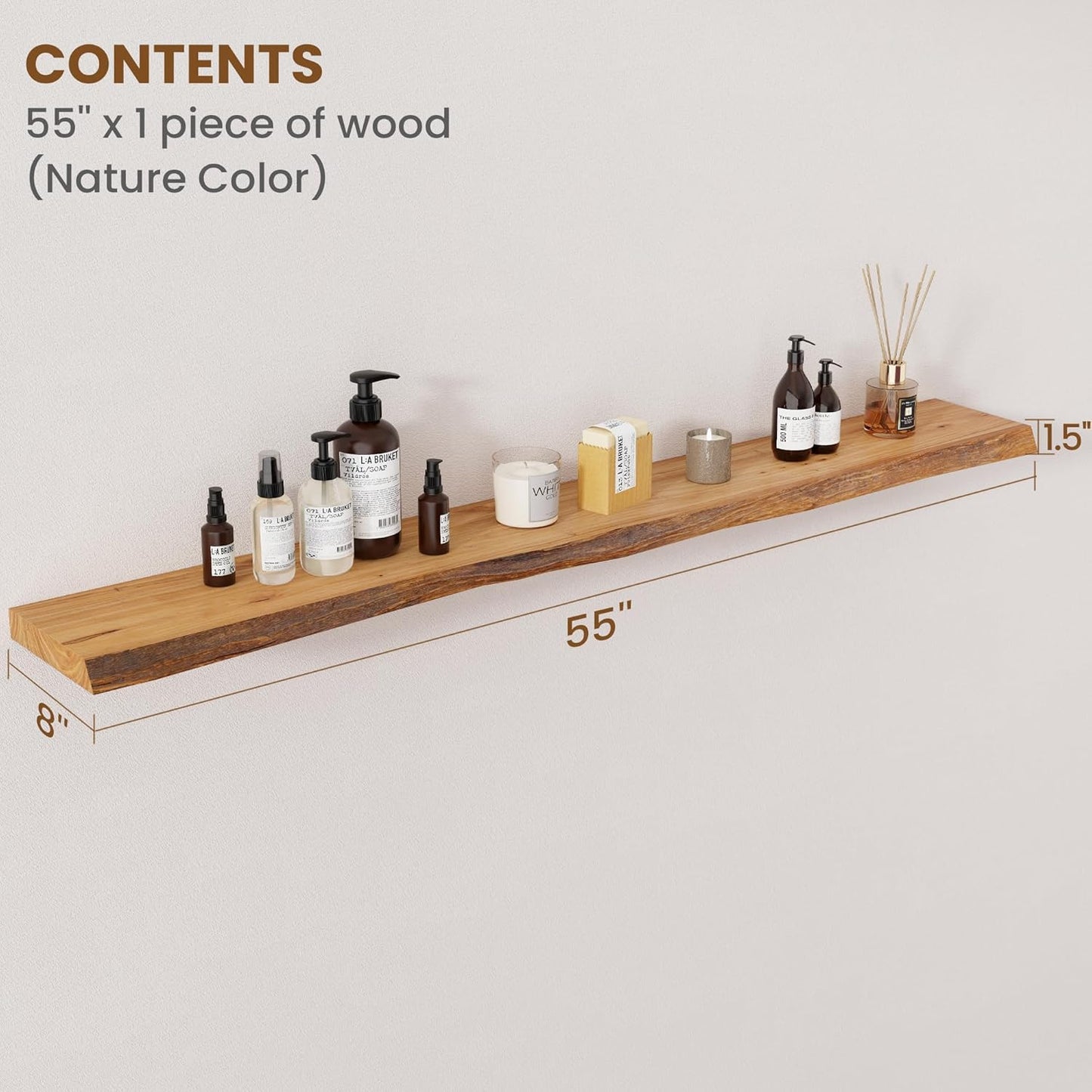 Floating Shelves for Wall Decor, Rustic Solid Elm Wood Live Edge Floating Shelves Wall Mounted, Wall Shelves with Invisible Bracket for Living Room Bathroom Bedroom Kitchen, 55 Inch, Natural