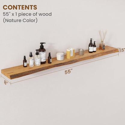 Floating Shelves for Wall Decor, Rustic Solid Elm Wood Live Edge Floating Shelves Wall Mounted, Wall Shelves with Invisible Bracket for Living Room Bathroom Bedroom Kitchen, 55 Inch, Natural