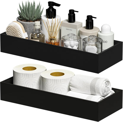 Kitchen Drawer Organizer Bins, Stackable Bamboo Drawer Organizer for Silverware, 2 Pcs Toilet Paper Basket Holder, Wood Bathroom Tray Countertop, Toilet Tank Tray Black 15" x 6" x 2.5"