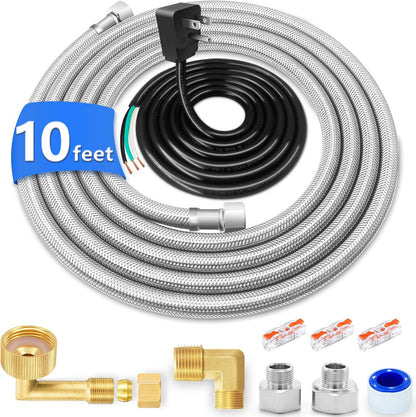 Dishwasher Installation Kit - 10 FT Stainless Steel Dishwasher Hose with 3/8" Compression Connections,Food Grade PEX Inner Tube Dishwasher Water Supply Line with Elbows,Adapters and 6 FT Power Cord