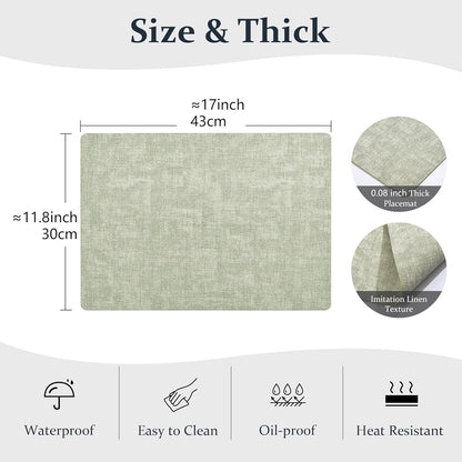FROMHEART Faux Leather Placemats Set of 4–Waterproof,Heat/Oil Stain-Resistant PU Table Mat–Reversible,Non-Slip,Easy to Clean Place Mats for Kitchen,Dining,Indoor/Outdoor,(Light Green,11.8" x 17")