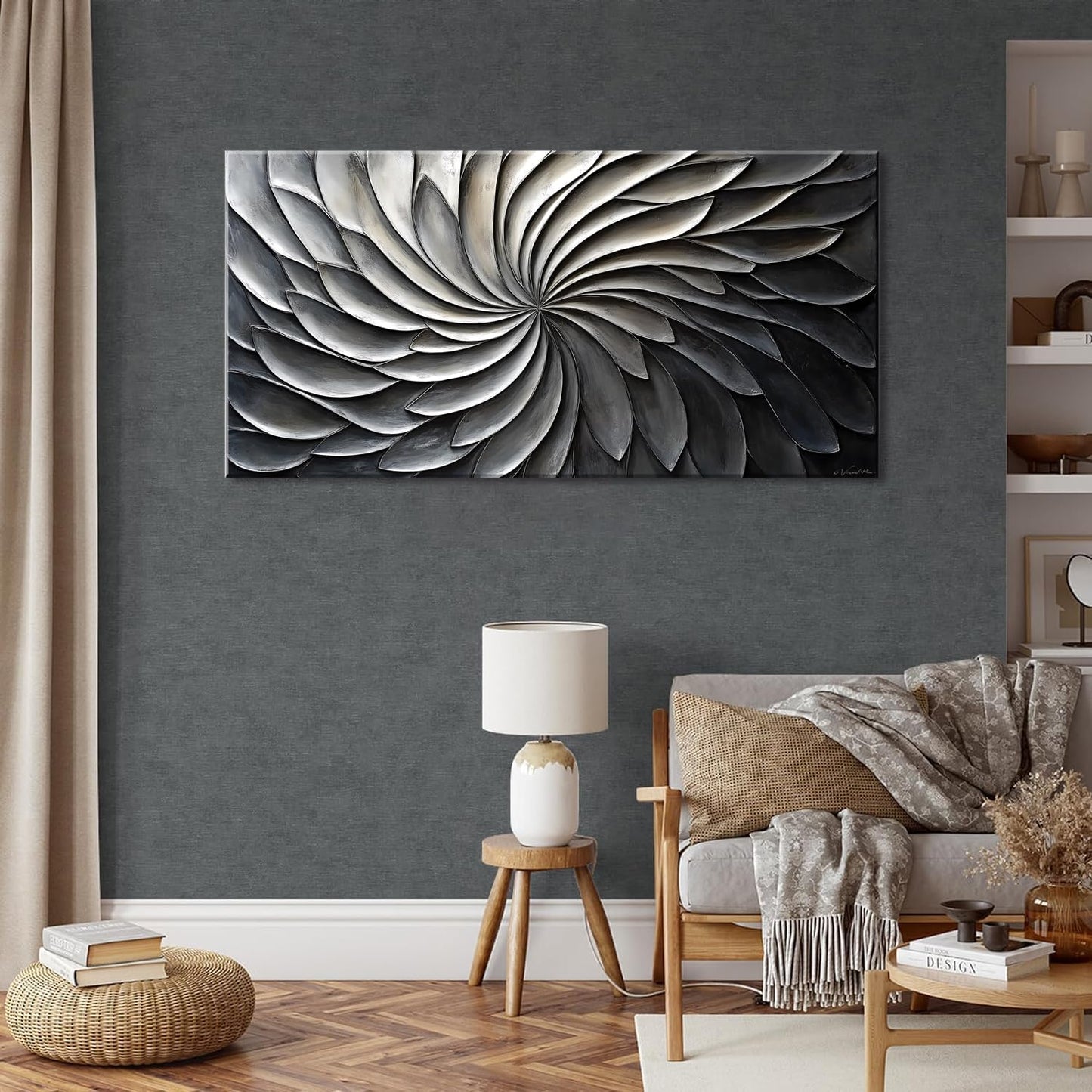 LASMOND Abstract Black and White Wall Art for Living Room Modern Canvas Print Painting Lines Flower Floral Large Artwork Bedroom Home Office Wall Décor (58x28 Inches)