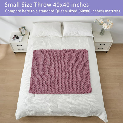 Bigacogo Chunky Knit Throw Blanket for Couch, 40x40 inches, 100% Hand Knitted with Thick Jumbo Chenille Yarn, Cozy Soft Large Rope Knot Cable Crochet Blankets for Sofa Bed Living Room, Burnt Rose