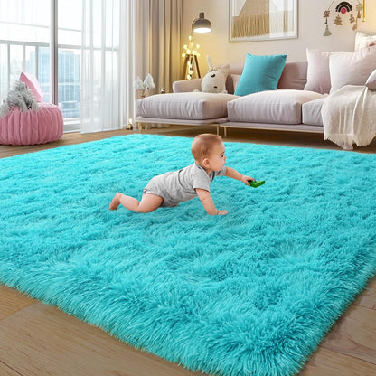 Rezutan Modern Shaggy Area Rug - Super Soft Fluffy Living Room Bedroom Rug for Kids Nursery, Classroom, Bedside Decor W/Non-Slip Bottom Teal Blue, 4x6 Feet