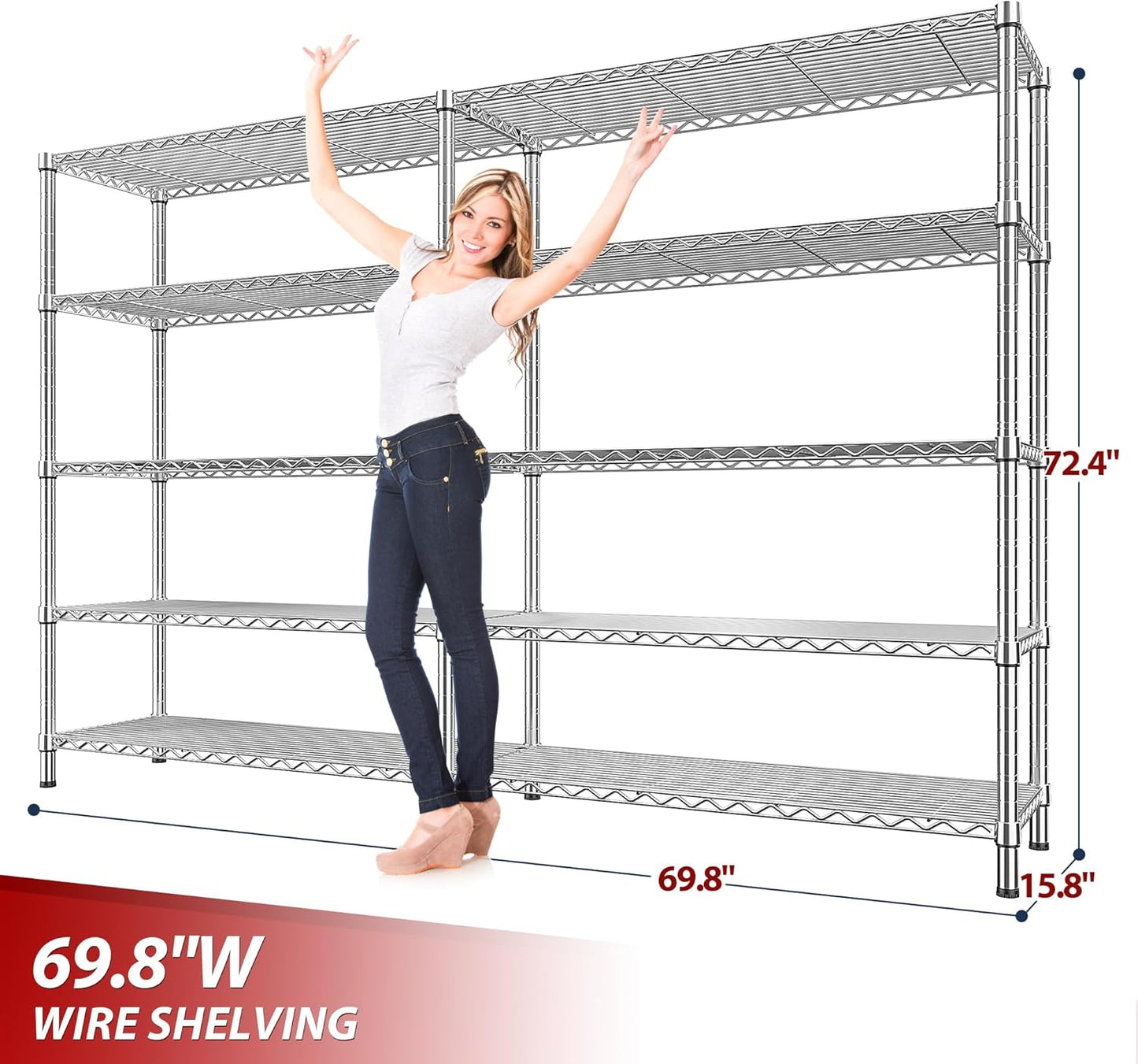REIBII 69.8" W Storage Shelves 1510LBS Wire Shelving Unit 5 Tier Metal Shelving for Storage Rack Shelves Adjustable Heavy Duty Garage Shelf Pantry Shelves Kitchen Shelving,69.8"Wx15.8"Dx72.4"H,Chrome