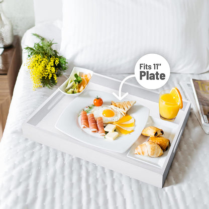 Wood Serving Tray with Handles, Home Decorative Wooden Rectangle Ottoman Decor Platter Vanity Tray for Breakfast Dinner Drinks Kitchen Dining Living Bathroom Restaurants White