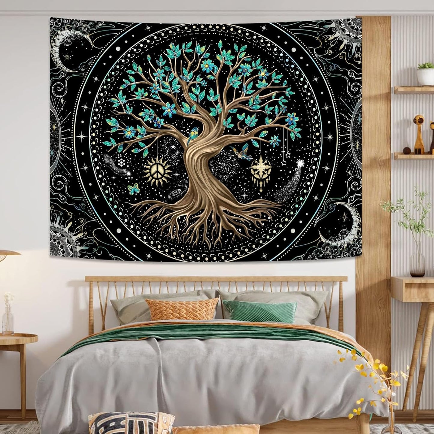 Lunerfex Tree of Life Tapastry Butterfly Moon Tapastry Flower Green Tree Tapestries Mandala Wall Hanging for Bedroom and Living Room Decor 60×80 Inches