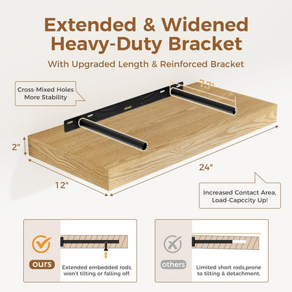 12 Inch Deep Floating Shelves, 24 x 12 Floating Shelf for Books, Rustic Wood Deep Wall Shelves for Home Storage & Display, 2" Thicked Shelves for Kitchen, Living Room, Bedroom, Oak Color, 1 Pack