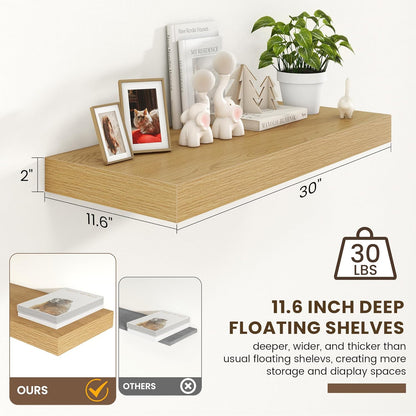 Deep Floating Shelves for Wall | 30 Inch Wide x 12 Inch Deep Floating Shelves | 30W x 12D Rustic Oak Wide Wall Shelves | Bookshelf Laundry Shelf TV Shelf