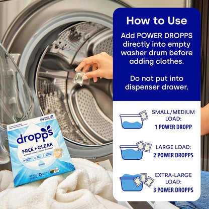 Dropps Free + Clear Biobased Power Laundry Detergent Pods, Unscented (64 Count) - HE Compatible Laundry Pods for Fresh Clothes - Laundry Soap Supplies & Recyclable Paperboard Packaging