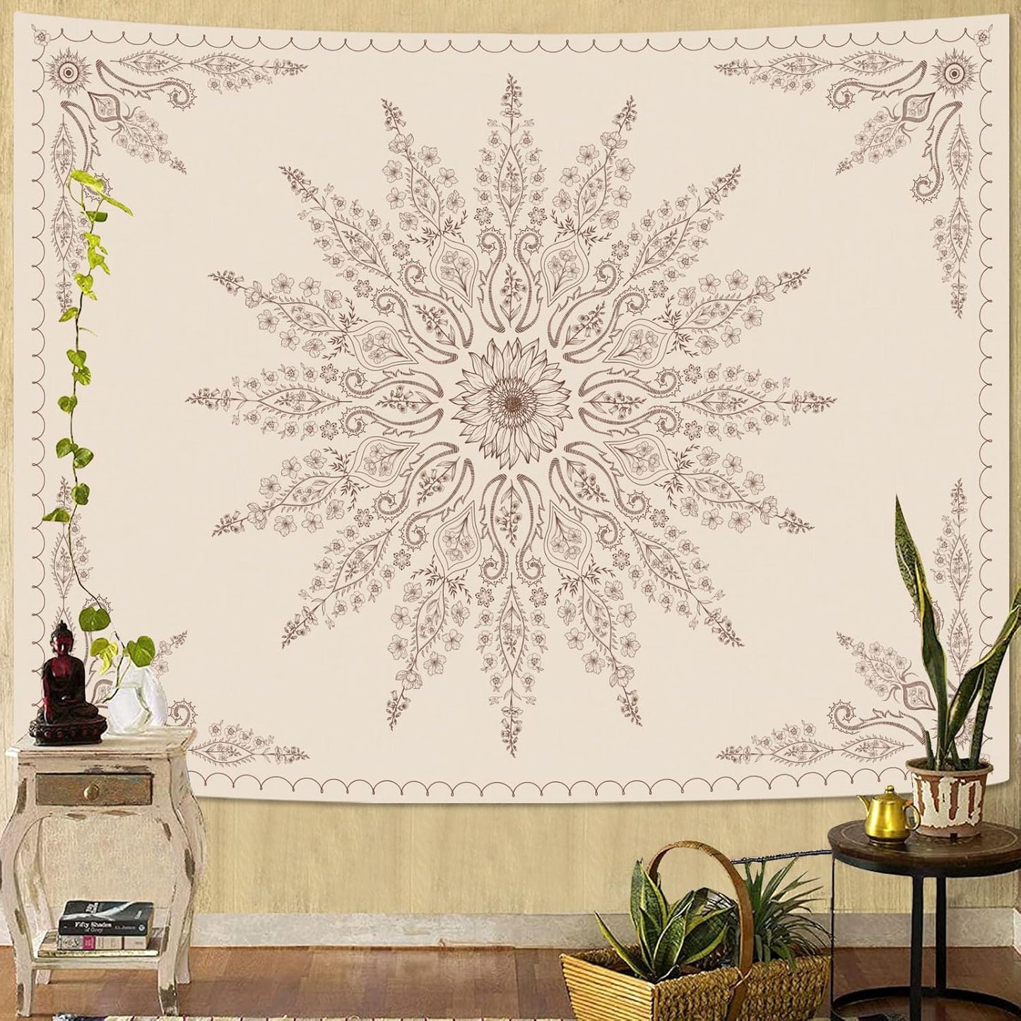 Fowocu Boho Floral Mandala Tapestry for Bedroom Aesthetic Bohemian Flower Wall Tapestry Beige Hippie Indian Small Tapestries Wall Hanging for Living Room Dorm Decor 60 x 44 Inch